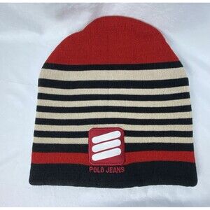 Vtg Polo Jeans Company RL Y2k Beanie Hat Red Black Stripe Knit Fleece Lined Logo